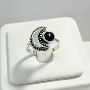 Sterling Silver 925 Stone Black Agate Moon Ring