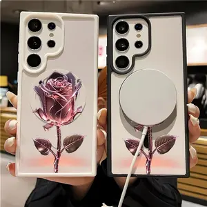 Trendy Pink Crystal Rose Pattern Premium Magnetic phone case applicable for Samsung Galaxy S25 S24 S23 S22 PLUS ULTRA FE durable shockproof protection Privacy Protection Magnetic Phone Case cute nic natalie reynolds mosnovo  protective case