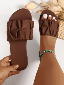 Fashion Square Toe Pleated Flat Heel Sandals Trendy Sandals Summer Vacation Style PU Slippers, Women's Casual Comfortable Shoes