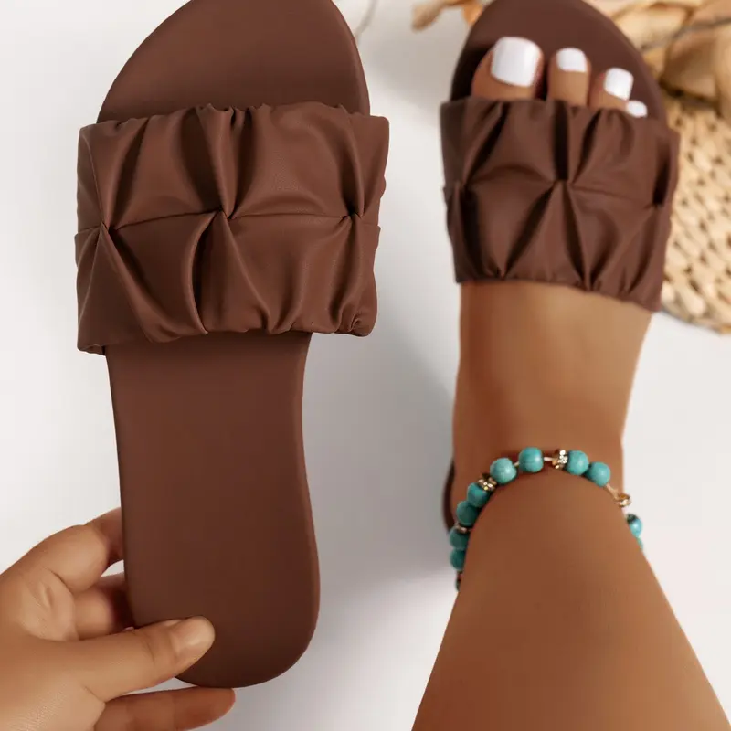 Fashion Square Toe Pleated Flat Heel Sandals Trendy Sandals Fashionable Sandals Summer Vacation Style PU Slippers, Women's Casual Comfortable Shoes