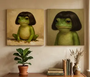 Whimsical Frog with Bob Haircut Canvas Wall Art - Funny Anthropomorphic Animal Portrait Oil Painting Style Poster, Quirky Room Decor for Living Room Bedroom, Unique Aesthetic Gift