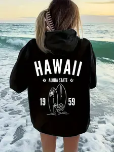 Unisex Hawaiian Aloha surfboard design hoodie, casual geometric pattern sweatshirt, drawstring hood, autumn/winter collection