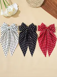 3-Piece Set of Women's Fabric Polka Dot Print Long-Floating Bow Spring Clips, Super Cute Clips, Half-Up Ponytail Hair Accessories Perfect for pairing with dresses, vacations, and everyday outings