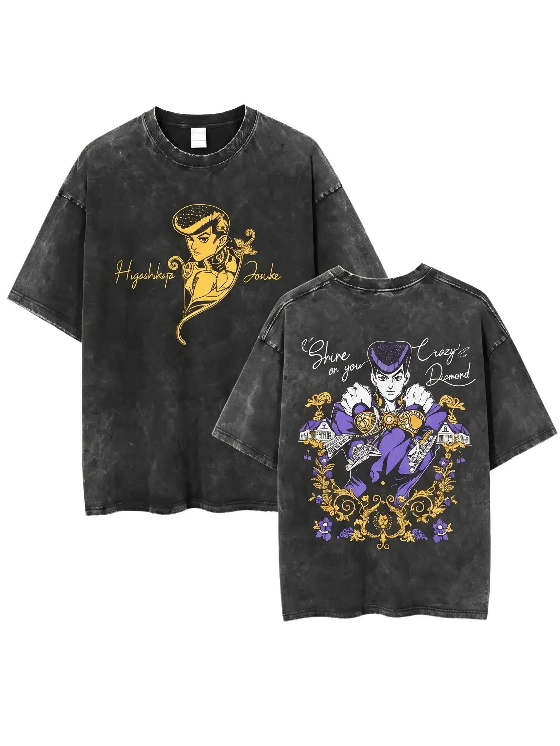 Men's 100% Cotton Vintage Wash Oversized Tee - Unisex Retro Josuke Higashikata Dual-Sided JoJo Bizarre Adventure Print, Street Style Anime Fan Apparel for Daily Summer Outfits graphic tees vintage t shirts