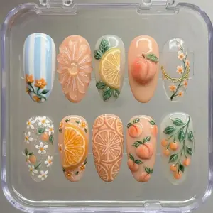 3D Peach & Orange Fruit Press On Nails | Summer Orchard Inspired Luxury Nails | Hand-Painted Lemon Slice Daisy Flower Fake Nails