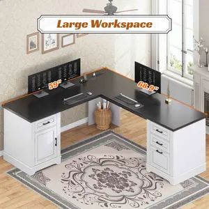 SEDETA Farmhouse 69 Inch Executive L Shaped Desk, Modern L-Shape Executive Desk, Home Office Desk with Drawers & Cabinet Modern Computer Desk for Home Business Furniture,