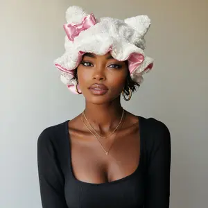 Luxury Kitty Teddy Bonnet -Adjustable, Comfortable Stylish,Daily Hair Care and Protection with SatinLining & Cute Ears,No Frizz All ComfortStylish Curl Protection for Daily Hair Care Durable Halloween hair bonnet