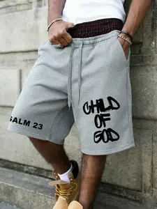 Men's Oversized Baggy Sweat Shorts, Everyday Shorts, Grey Casual Athletic Shorts with "CHILD OF GOD" & "PSALM 23" Religious Graphic, Contrast Plaid Waistband, Drawstring Waist & Side Pockets, French Terry for Daily Wear, Weekend Hangouts & Gym