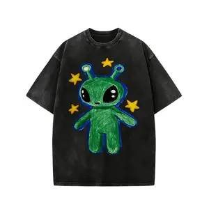 Cute Alien Unisex Vintage Washed Tee, Unisex Vintage Washed Tee, Vintage Coloful Tee - Oversized  meme Shirt - Natural & Animal Planet Unisex Streetwear Round Neck Top cotton t-shirt