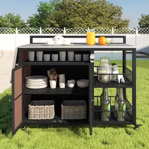 63.5" Outdoor Kitchen Island, Kitchen Storage Island, Cooking Station, Outdoor Grill Cart with Foldable Side Tabletop, Ample Storage Space, Bottle Opener for Outside BBQ, Patio, Backyard