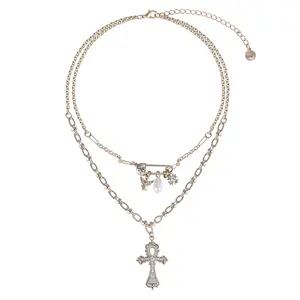 Eudora Vintage Ankh Cross Pendant Necklace Two Tone Light Gold Double Layered Egyptian Key of Life Jewelry Gift for Women
