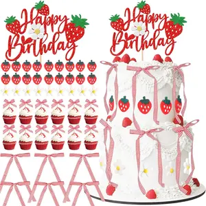 41 PCS Strawberry Bow Cake Decorations Set Happy Birthday Cake Topper Flower Strawberry Cupcake Toppers Ribbon Bow Decorations for Baby Shower Wedding Bridal Shower Birthday Party Decoration Supplies