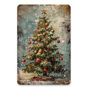 2D Flat, 1pc Vintage Christmas Tree Metal Tin Sign - Rustic Wall-Mounted Indoor/Outdoor Decoration with Pre-Drilled Holes, Durable Iron Tree Shape Sign for, Office, Cafe, Garage - Easy Install (8x12 Inches), Perfect for Room Decor