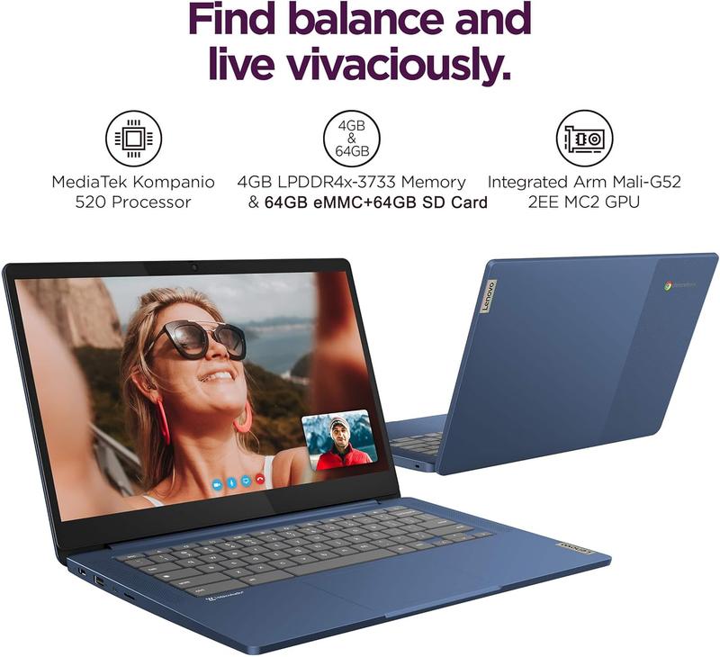 Lenovo Chromebook 14 Touchscreen Laptop, 8-Core 2.0GHz Processor, 4GB RAM, 64GB eMMC, Anti-Glare, 13-Hr Long Battery Life, Webcam, Chrome OS w/Google AI, Blue