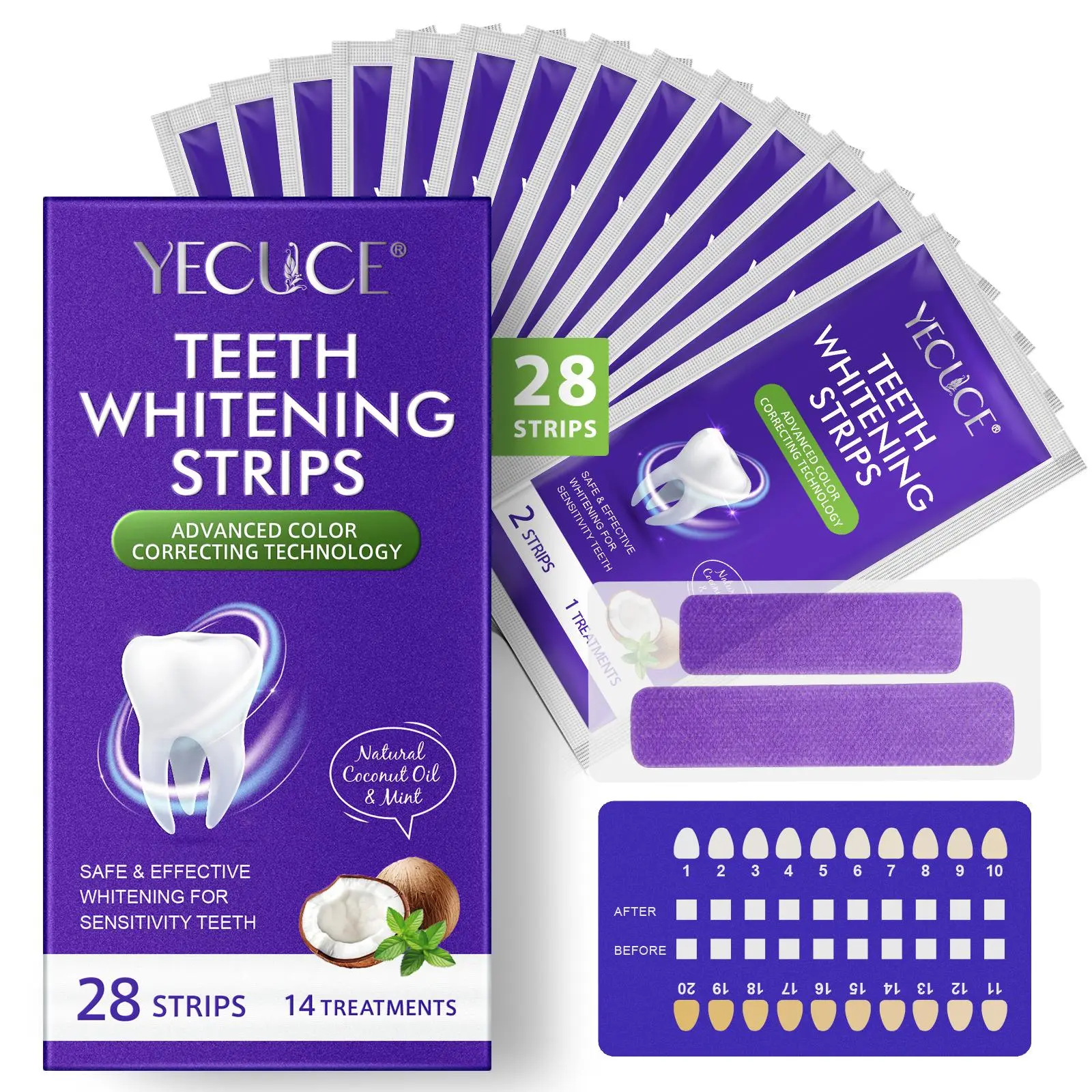 YECUCE Purple Whitening Stickers, 14 Pcs Purple Veneer Design to Lighten Yellow Teeth, Whitening Strips with Active Ingredients That Break Down Stains and Help Protect Enamel, Teeth Brightening Strips, Teeth Brightener