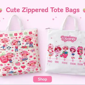 Cute Zippered Tote Bag with Strawberry Shortcake Design and Year Timeline 1980-2008 Perfect for Shopping and Everyday Use