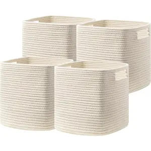 Set of 4 Storage Boxes - 13 X 13 X 13 Inches, Cotton Rope Baskets for Shelves, Toys, Books, Cube Storage Boxes with Handles, Woven Storage Baskets for Organization, Beige Decorative Organiser