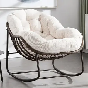Outdoor Patio Rocking Chairs, Oversized Papasan Rock Chair Indoor with Striped Velvet Padded Cushion - Rocker Egg Seat for Front Porch, Garden, Patio, Backyard White