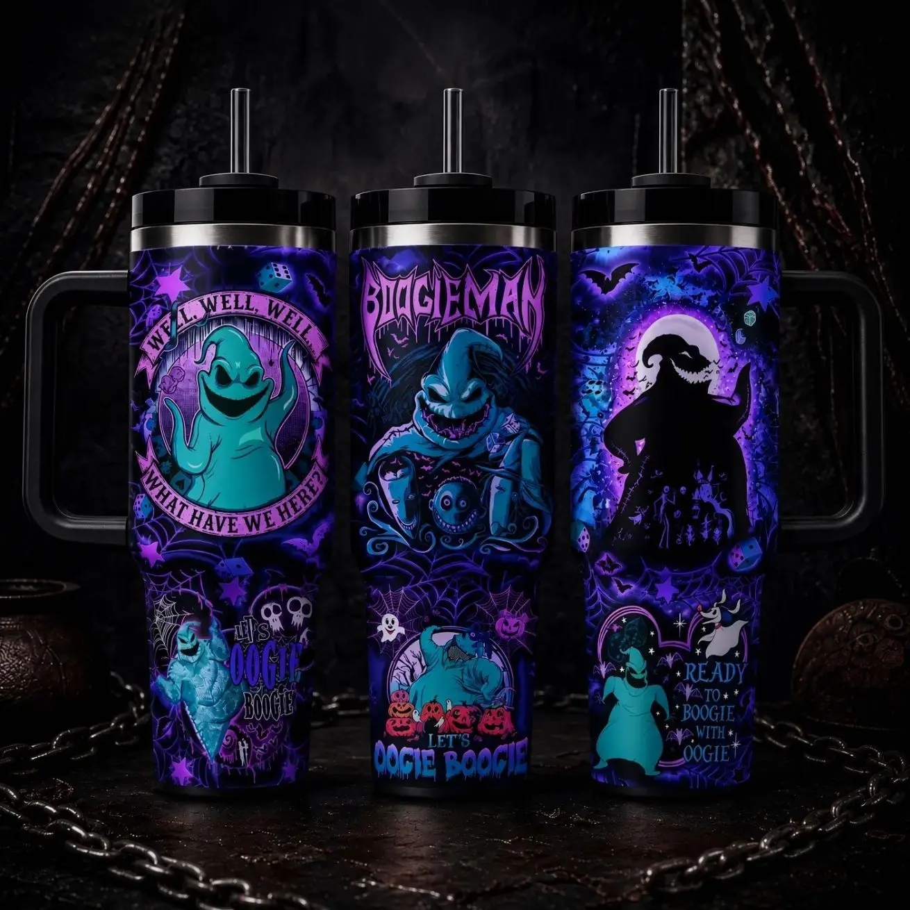 Halloween Gothic Bogeyman Tumbler, 40oz Insulated Travel Cup with Handle, Neon Comic Style Halloween Drinkware, Spooky Nightmare