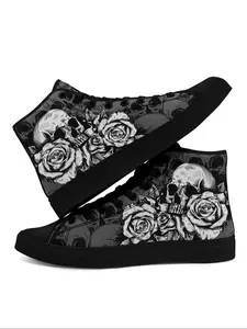 Men's Fashionable Floral & Skull Print Lace Up High Top Graphic Print Sneakers, Casual Comfortable Breathable Lightweight Sports Shoes, Male All-match Round Toe Shoes for Daily Wear