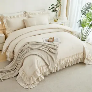 5Pcs Beige Ruffled Comforter Set Queen-Layer Ruffle Bedding Comforter Set for Girls Bed in a Bag with Sheets(Beige Queen)