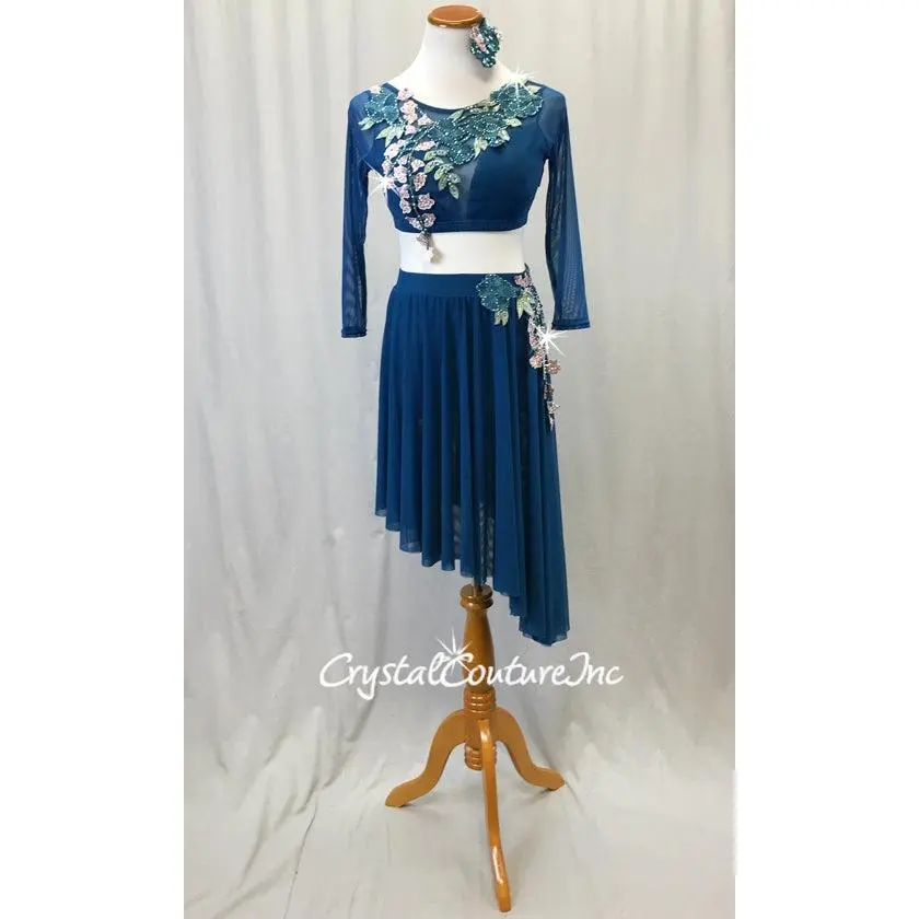 Teal Mesh 2-Piece Long Sleeve Crop Top and High-Low Skirt w/Teal and Pink Floral Appliques - Swarovski Rhinestones