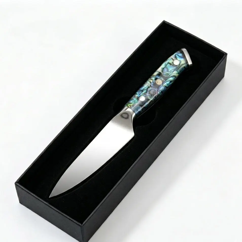 Abalone Shell Chef Knife - Handcrafted Artisan Fixed Blade Cooking Knife, Antibacterial Stainless Steel Blade, Unique Ocean Abyss Patterns, Celestial Blue Natural Handle, Durable Portable Kitchenware, for Camping, Household Use, Luxury Collectible, Utensi