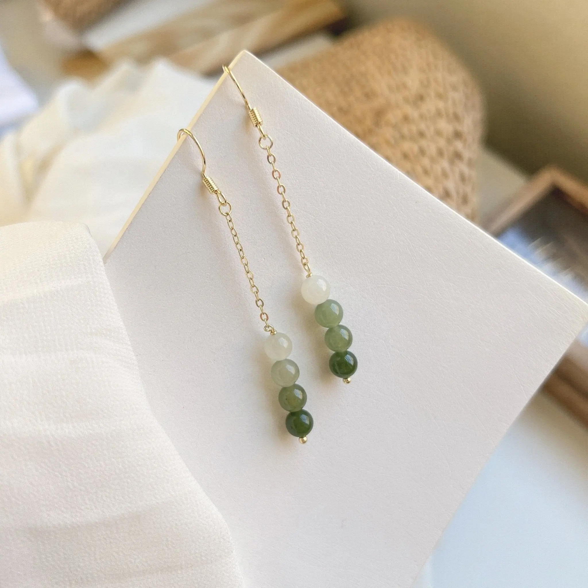 Gradient Hetian Jade Long Drop Earrings