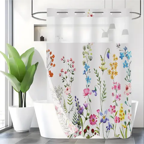 Floral Print Shower Curtain, Decorative Shower Curtain, Pretty Shower Curtain, 1 Count Waterproof Shower Curtain Rod with Hanging Hole, Bathroom Decor Supplies for Home & Hotel & Dormitory, Home Goods, Bathroom Decoration Accessories