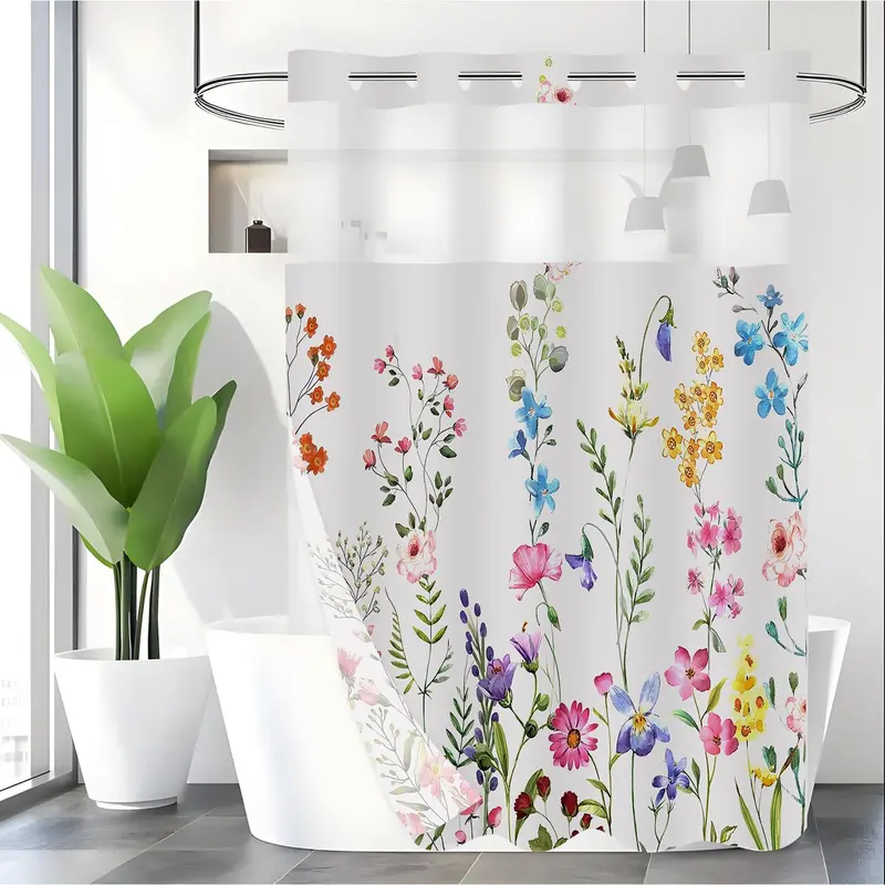 Floral Print Shower Curtain, Decorative Shower Curtain, Pretty Shower Curtain, 1 Count Waterproof Shower Curtain Rod with Hanging Hole, Bathroom Decor Supplies for Home & Hotel & Dormitory, Home Goods, Bathroom Decoration Accessories