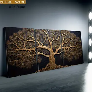 2D flat framed 2D graphic effect, with frame, 3 pieces of 2D framed modern Tree of Life art paintings for living room and bedroom decoration, modern canvas poster with frame