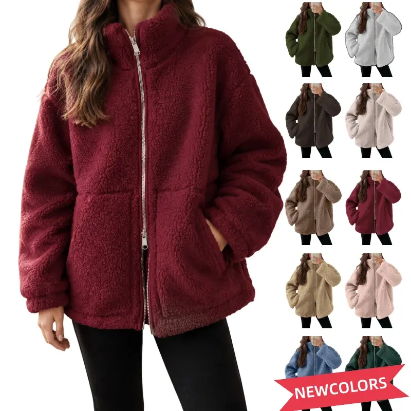 Women’s Sherpa Fleece Jacket with Stand Collar, Full Zipper, Warm Fuzzy Teddy Coat with Pockets – Casual Loose Winter Outerwear