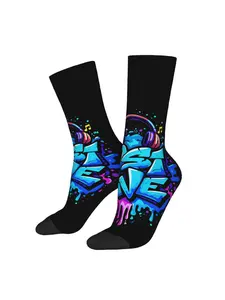 1 Pair Positive Graffiti Print Fashion With Headphones And Music Vibes Vintage Harajuku Hip Hop Novelty Seamless Crew Crazy Sock