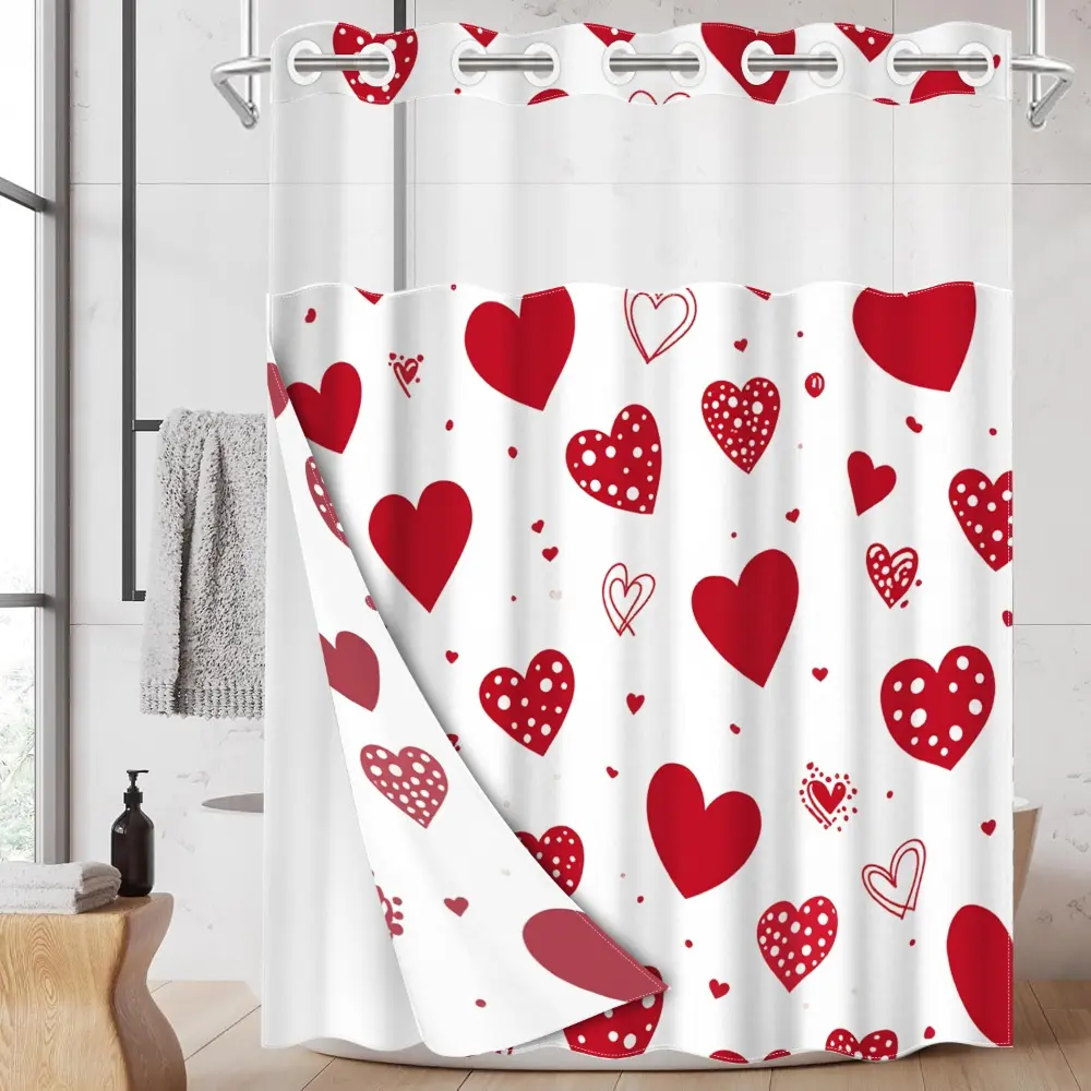 1pc hookless shower curtain with buckle lining, Valentine's Day red and white heart pattern design, 2D flat printing, fabric waterproof lining, see-through double-layer shower curtain, 71 x 74 inches, modern home draping curtain, Shower Curtain Liner