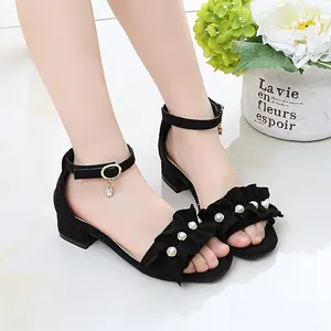 Elegant Girls' Black High Heel Sandals - Summer Princess Shoes with Ruffled Design & Pearl Accents, Ankle Strap Closure, Perfect for Parties Dances