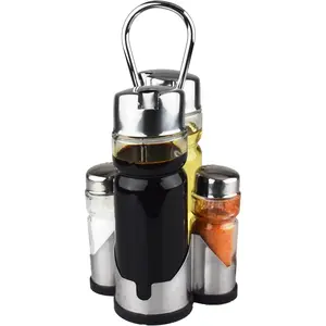Salt and Pepper Shakers Oil and Vinegar Dispenser Set with Stainless Steel Holder