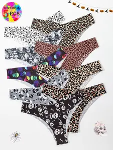 5-piece set of random colors, fashionably sexy V-shaped Halloween skull and leopard print thong panties, slim fit, comfortable and stretchy, Elegant soft panty, seamless one-piece holiday-themed women's lingerie and underwear, Underwear Sets