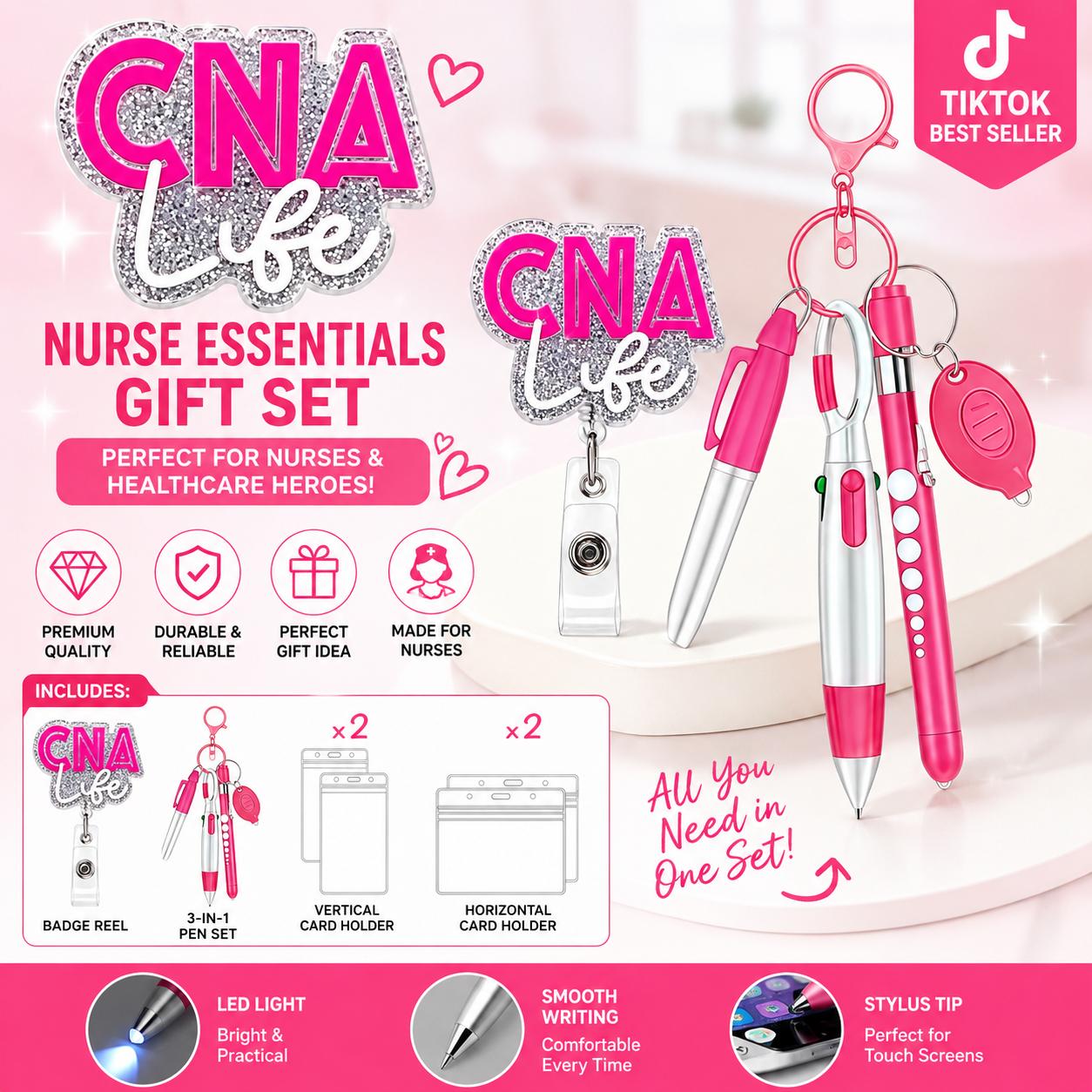 CNALife Glitter Badge Reel Set – retractable ID badge clip with nurse pen set, transparent waterproof card holder, certification nursing assistant work accessory gift for healthcare professionals