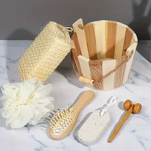 Wooden Bathing Accessories Set, 6 Counts/set Including Loofah Sponge, Pumice Stone, Massage Brush, Bath Ball, Bath Brush, Bathroom Supplies