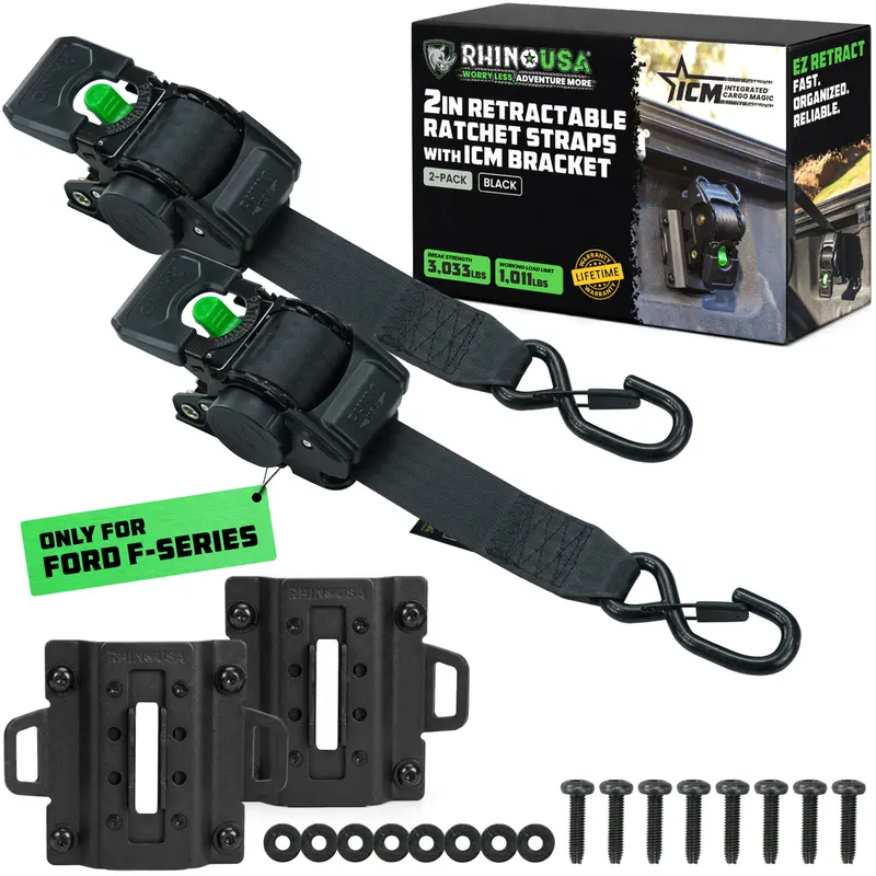 Rhino USA 2"x9' Bed-Mounted Retractable Ratchet Straps - Vehicle-Specific Truck Bed Mount - For Ford, Toyota, GM. Removable. 360° Swivel. 3,033 lb Break Strength. Compatible with Select Truck Bed Mounting Systems.