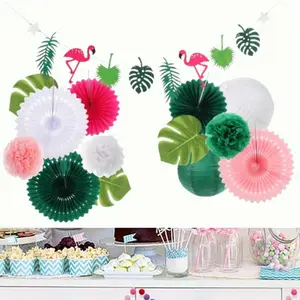 A set of Tropical Hawaiian Flamingo Paper Fans and Monstera Leaves Banner for Beach Party Decorations for Weddings and Birthdays Party Photo Booth Props