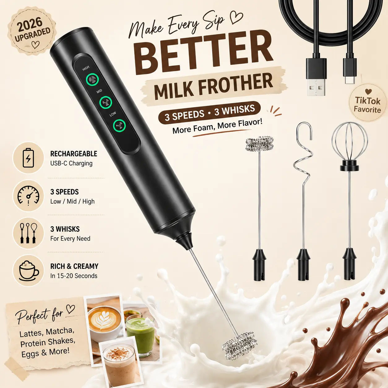 Stainless Steel Rechargeable Handheld Electric Milk Frother - USB-C Charge, 3 Detachable Whisks, 3 Speed Settings, Portable Foamer for Travel, Lattes, Matcha, Protein Powder, Balloon Whisk Eggs, Black, Portable Foamers, Usb Charge