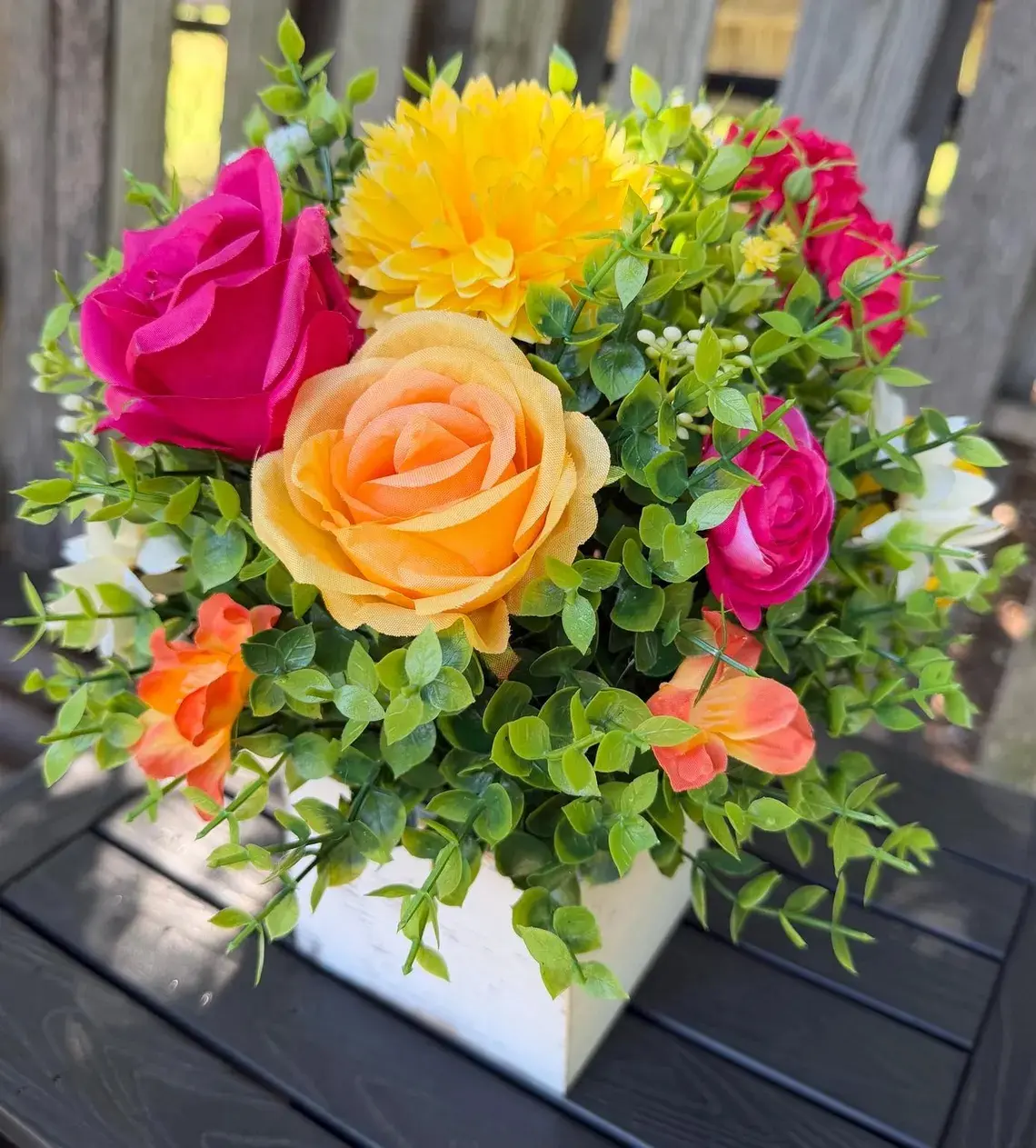 Bright Summer Floral Arrangement in White Wood Box | Pink Yellow Orange Roses & Greenery Centerpiece