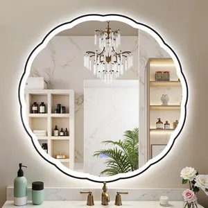 Modern 31.5" Black Round Wavy Frame LED Bathroom Mirror, Backlit & Front Lit Dimmable Vanity Mirror with Anti-Fog Function, Wall-Mounted Home Decor for Bathroom, Bedroom