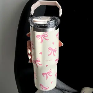 Butterfly & Heart Pattern Vacuum Flask, 1 Count Large Capacity Double Layer Insulated Water Bottle with Handle & Straw, Summer Cool Bottle Drinking Cup for Home Office School, Drinkware, Stainless Steel Flask, Travel Tumbler