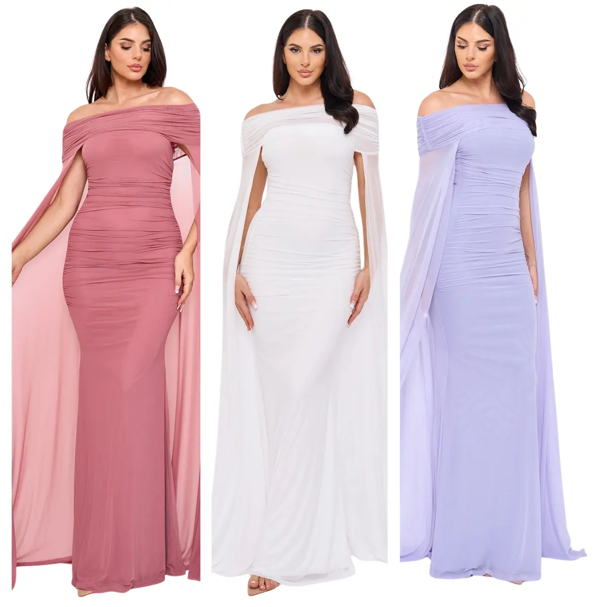 Off Shoulder Ruched Maxi Dress for Women | Elegant Cape Sleeve Evening Gown Fabric Formal