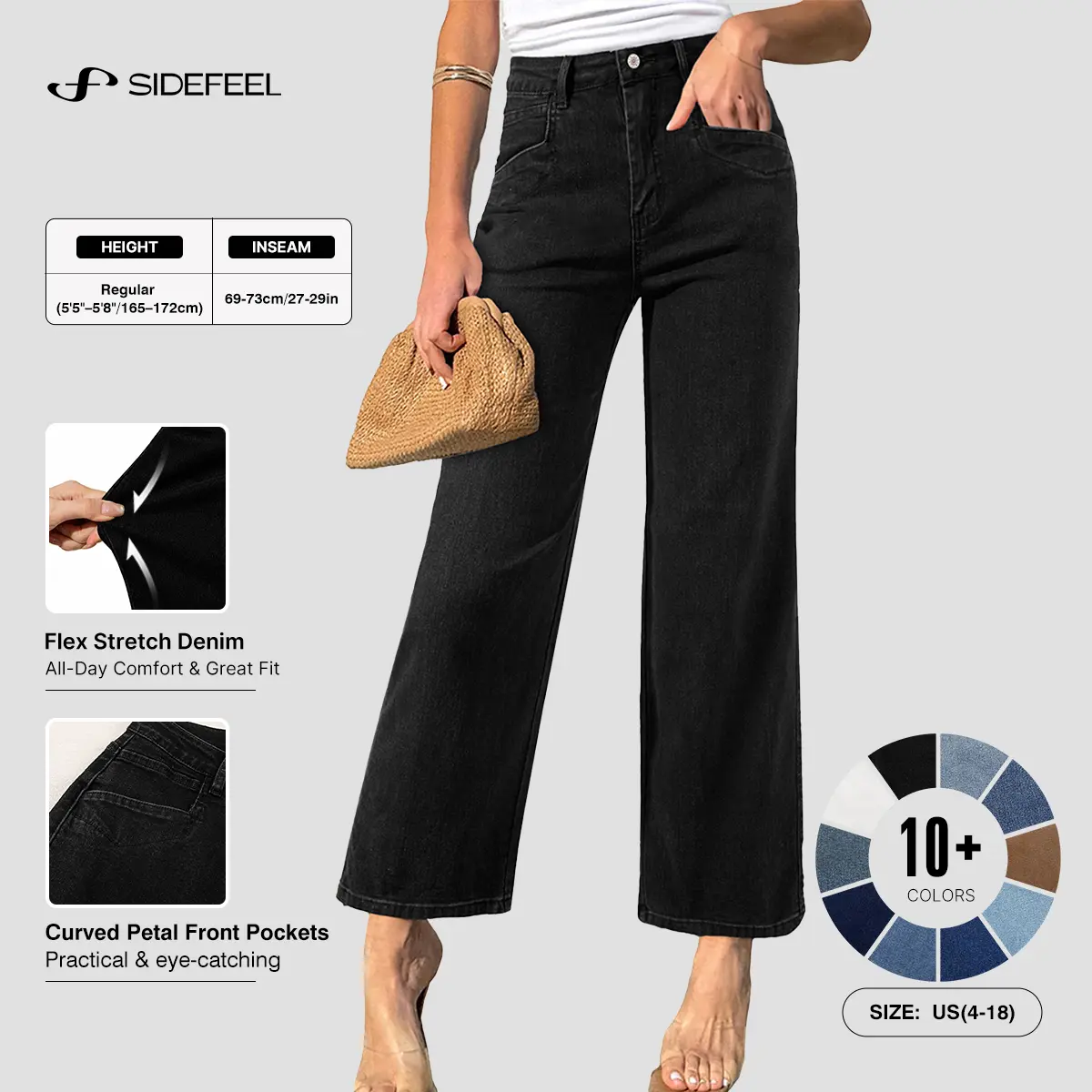 Sidefeel Women's Straight Leg Jeans High Waisted Petite Stretchy Jeans Zimbaplatinum Wide Leg Denim Pants with Pockets DealsForYouDays summerwins WeeklyDeals Summer Outfit