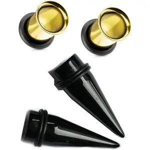 2 Pairs Gold Steel Single Flare Tunnels and Black Tapers Ear Stretching Kit gauges plugs 1g 0g 00g 1/2 9/16 5/8 3/4 7/8 1 inch