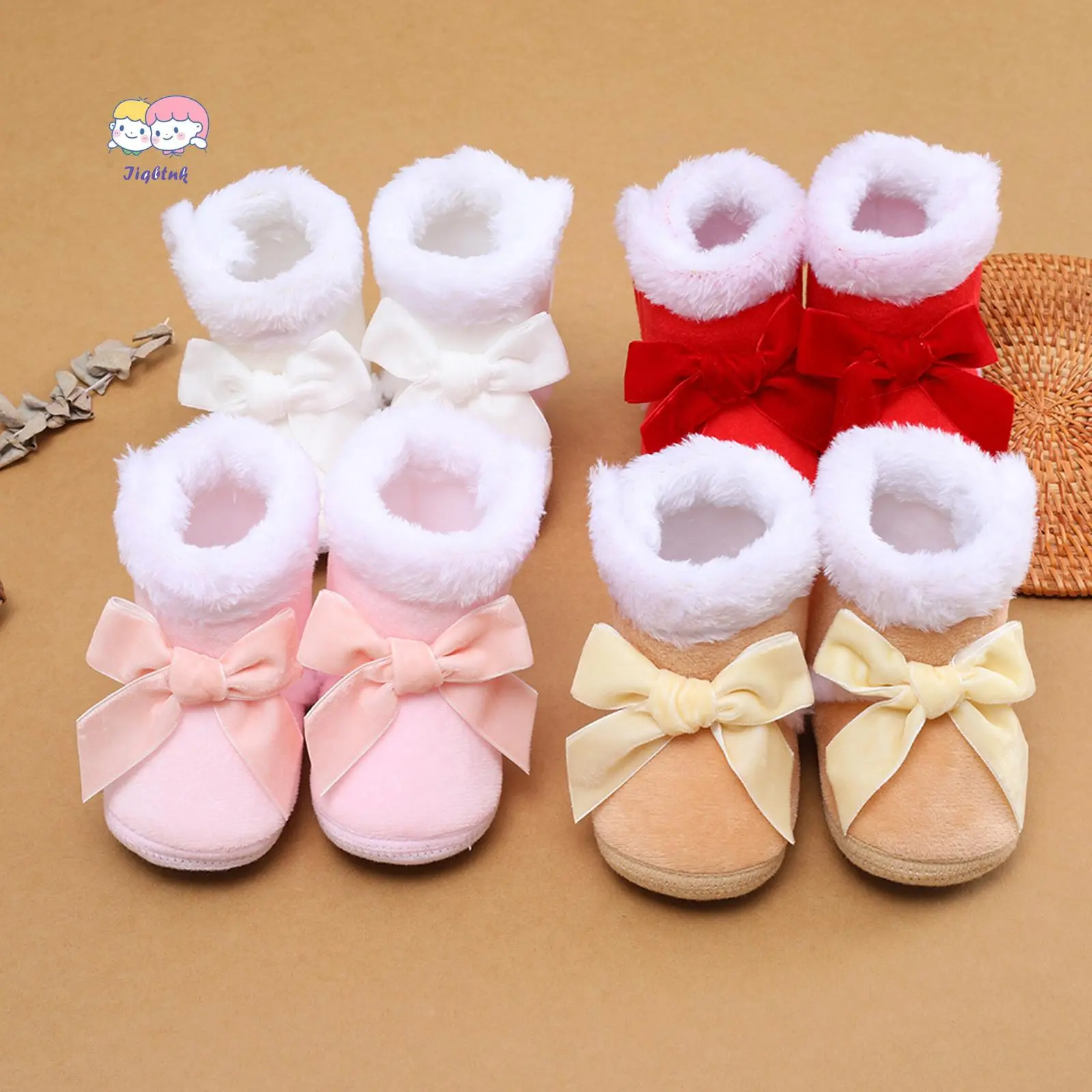 Baby Girls' Winter Warm Fluffy Bowknot Design Shoes - Soft Soled, Non-Slip, Walking Shoes for Newborns & Toddlers, Soft Soled Shoes