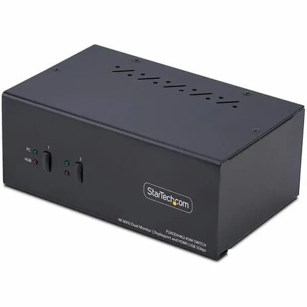 Startech P2ADDH462 2-Port KVM Switch - Dual-Monitor DisplayPort & HDMI Support, 2-Port USB 5Gbps Hub, USB 3.0 Compatibility, Push Button, Audible Buzzer, 0.28 lbs, 2.6in x 3.9in Dimensions, 1A, 100-240 AC, BIOS/UEFI Control, ChromeOS Compatible